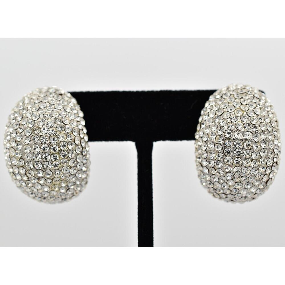 Jarin Vintage Crystal Clip Earrings Rhinestone Pave Silver Shiny Signed BinAZ
